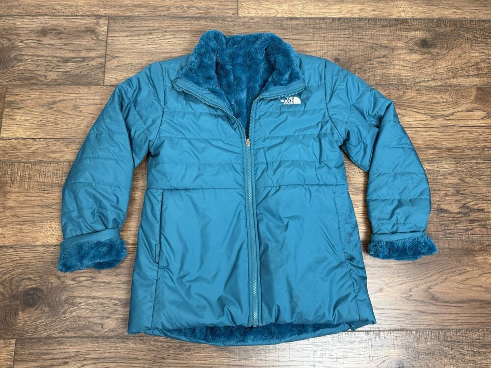 Girls The North Face Mossbud Faux Fur Coat Youth XL Reversible Teal Blue Sz 18